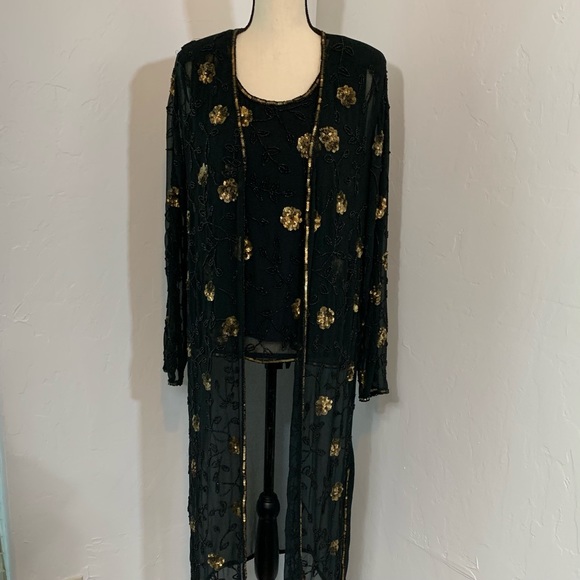“Style Midnight” Two-piece Sequin Beaded Chiffon Lined Long Jacket and Top - Picture 1 of 16